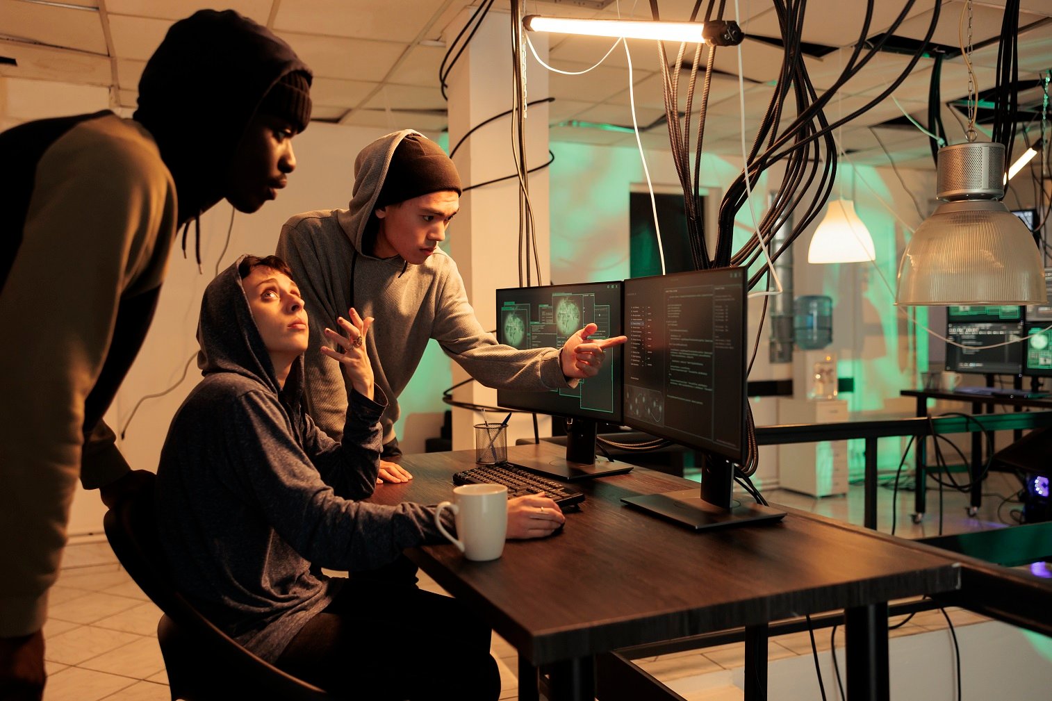 Internet technology security specialists team fixing computer system cyberattack